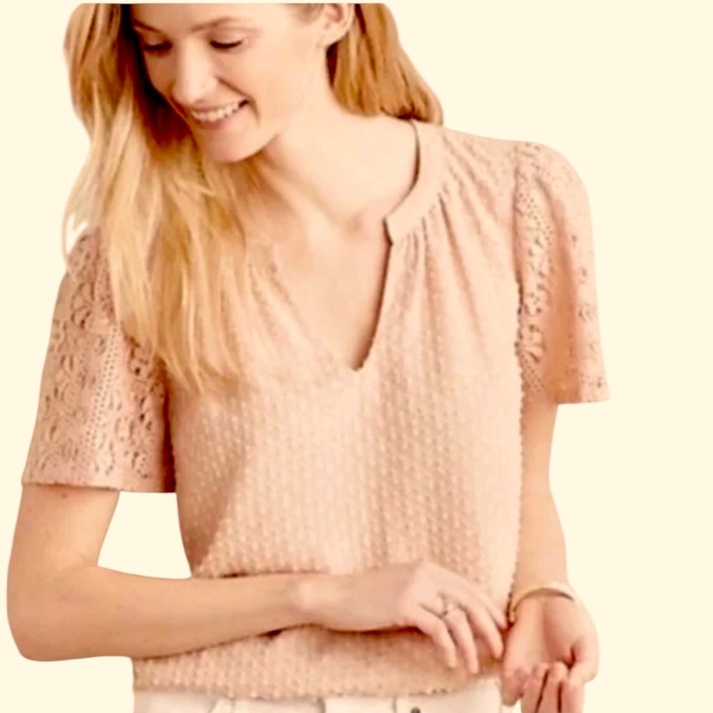 One September | Anthropologie Cora Clip Dot Textured Lace Sleeve Romantic Blouse